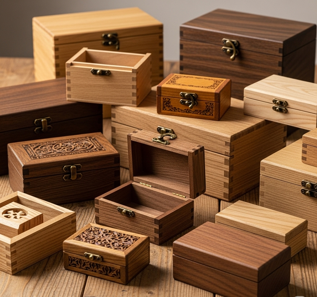 Here's a descriptive caption for a wooden box image: **"An elegantly handcrafted wooden box featuring intricate carvings and a polished finish, showcasing traditional craftsmanship and timeless design. Perfect for storage, gifting, or decorative purposes